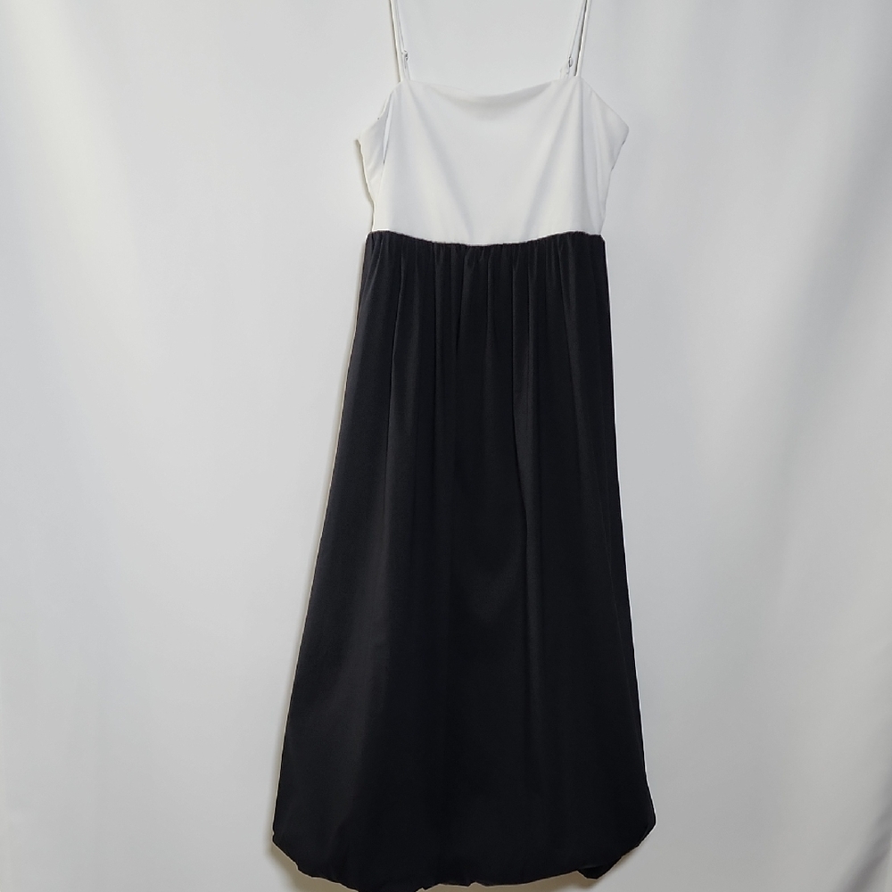 CAROLE CHRISTIAN Spaghetti Strap Black and White Bubble Hem Maxi Dress